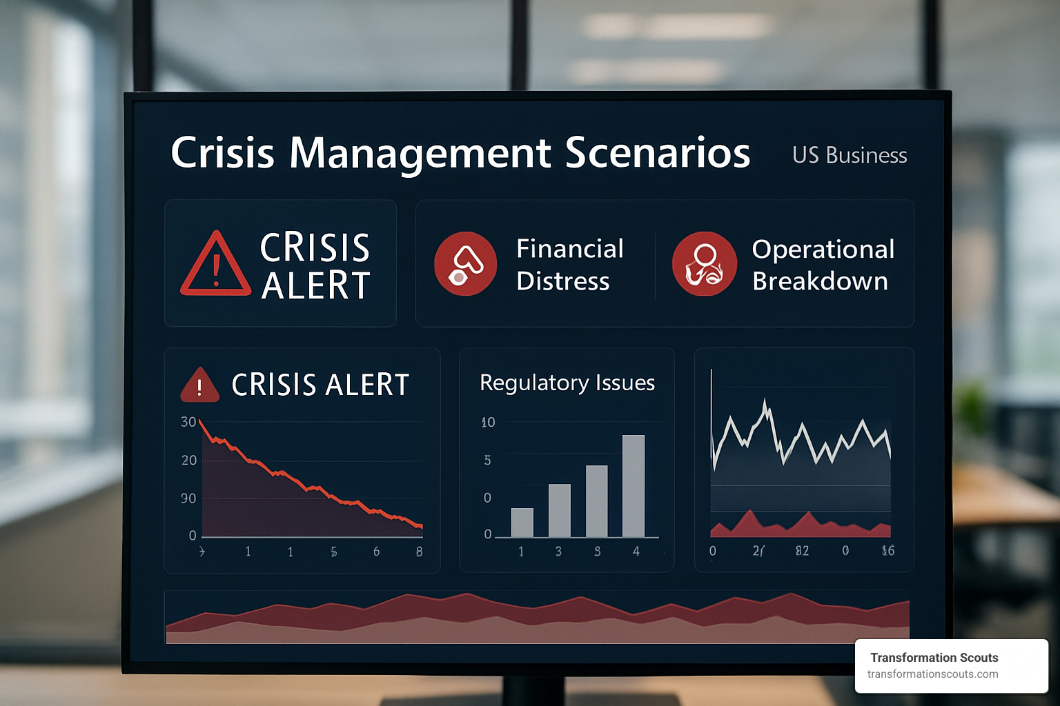 crisis management dashboard showing various business scenarios requiring interim leadership - consultancy interim management