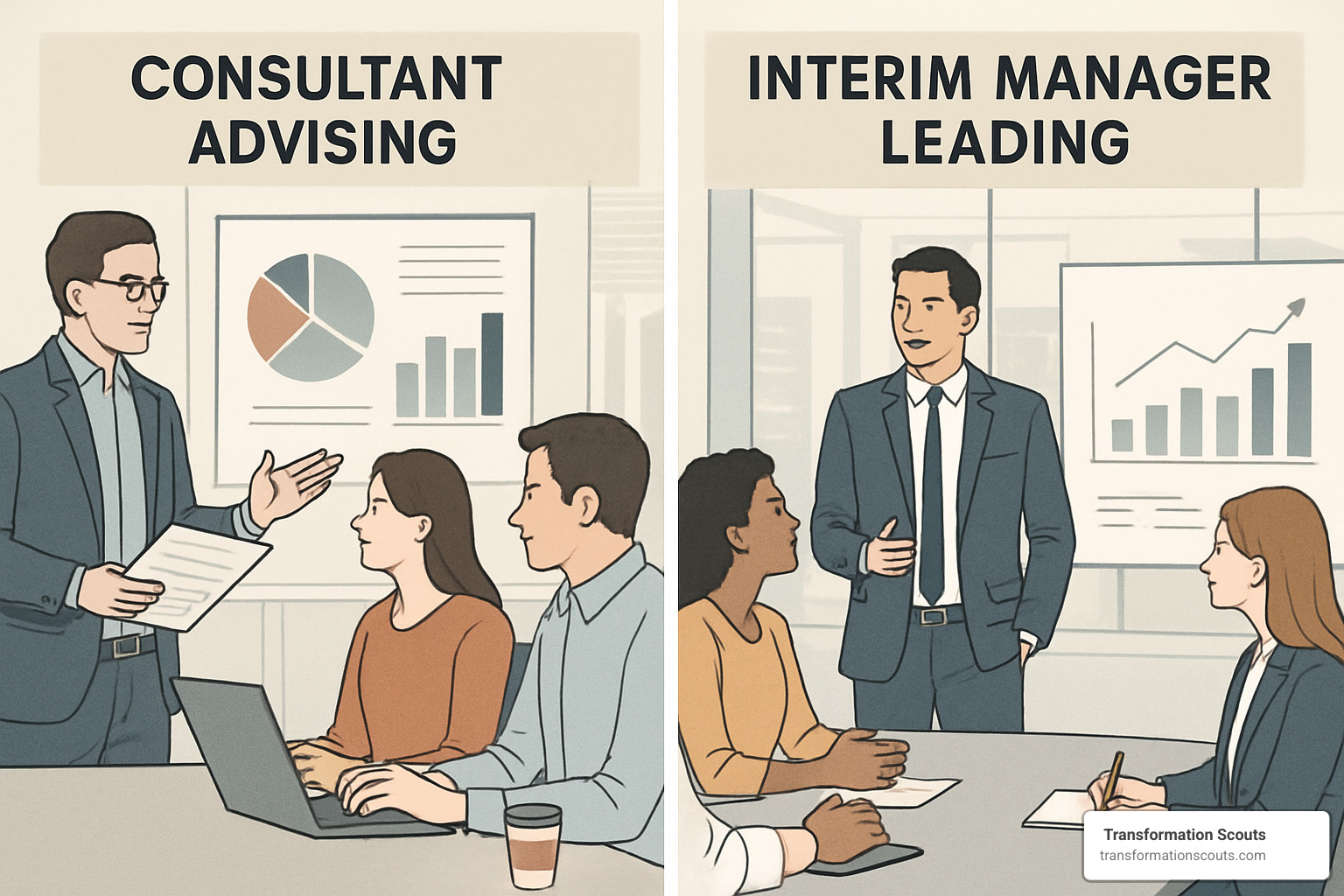 consultant vs interim manager comparison showing different roles and responsibilities - consultancy interim management