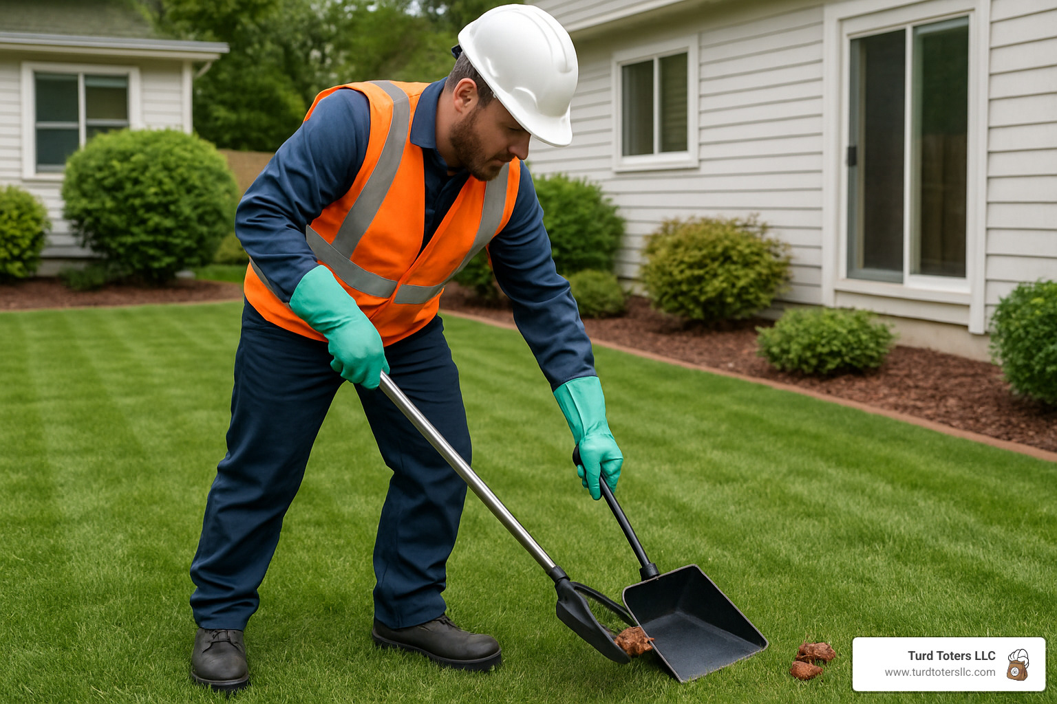 Professional technician with proper PPE performing systematic yard cleanup - dog feces cleanup