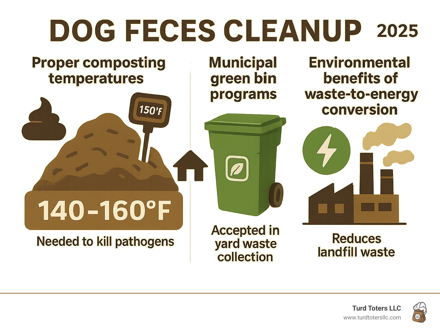Infographic showing proper composting temperatures, municipal green bin programs, and the environmental benefits of waste-to-energy conversion programs - dog feces cleanup infographic 