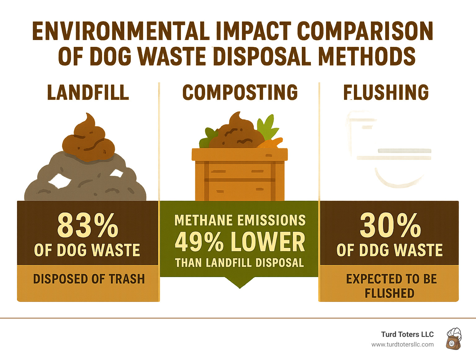 Environmental impact comparison of dog waste disposal methods showing landfill vs composting vs flushing statistics - how to clean up dog poop in yard infographic 