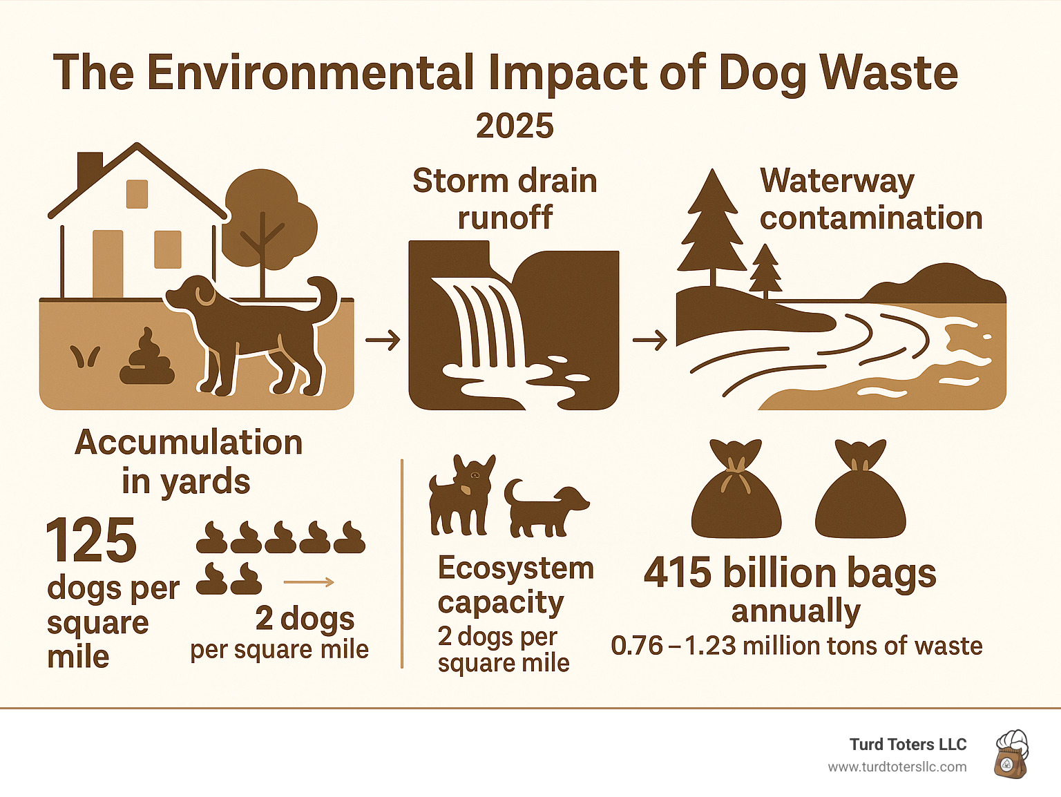 Infographic showing the environmental impact of dog waste from yard accumulation through storm drain runoff to waterway contamination, including statistics on urban dog density (125 dogs per square mile vs ecosystem capacity of 2 dogs per square mile) and annual plastic bag waste (415 billion bags creating 0.76-1.23 million tons of waste) - dog feces cleanup infographic 