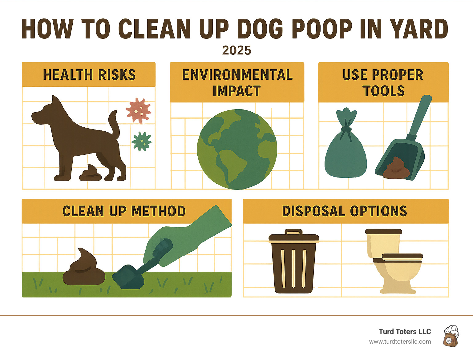 Dog waste cleanup process infographic showing health risks, environmental impact, proper tools including pooper scooper and bags, step-by-step cleanup method with grid pattern, and disposal options including trash and toilet flushing - how to clean up dog poop in yard infographic 