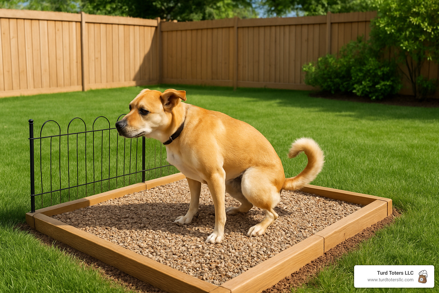 Dog using designated potty area with proper training setup including surface materials and boundary markers - backyard poop removal