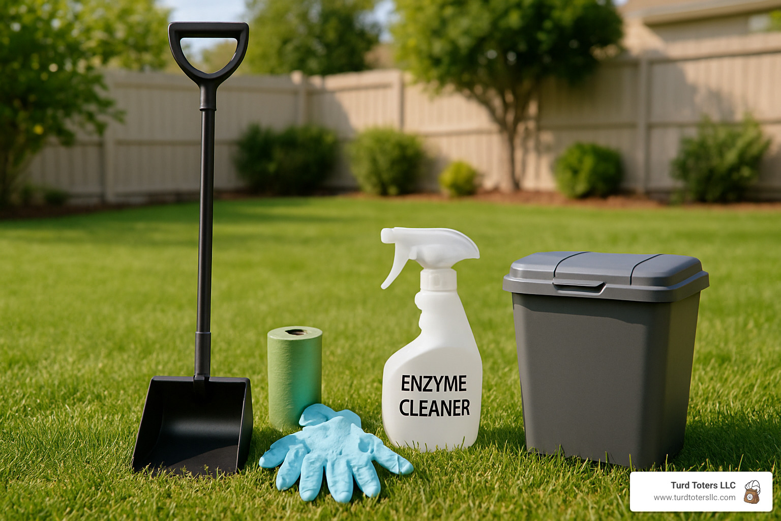 Essential backyard poop removal tools laid out including scoopers, bags, gloves, and cleaning supplies - backyard poop removal