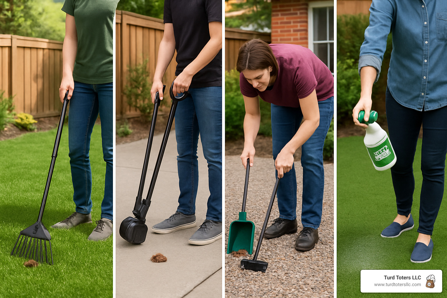 Different backyard surfaces showing proper cleanup techniques for grass, concrete, gravel, and artificial turf - backyard poop removal