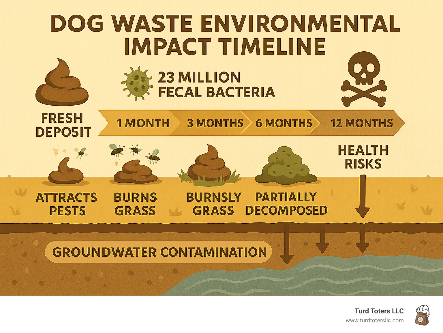 Infographic showing dog waste environmental impact timeline from fresh deposit to groundwater contamination, including bacteria counts, decomposition stages, and health risks over 12 months - backyard poop removal infographic 