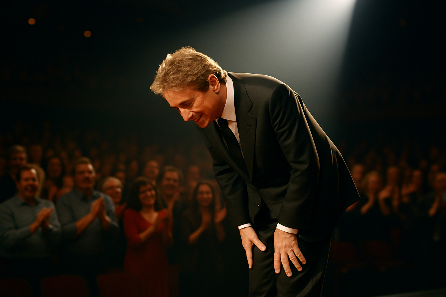 Martin Short taking a bow on stage in a spotlight finale moment - martin short Martin Short taking a bow on stage in a spotlight finale moment - martin short