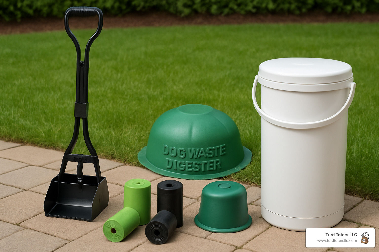 Various dog waste disposal tools and systems laid out including scooper, bags, in-ground digester, and sealed pail - dog waste disposal