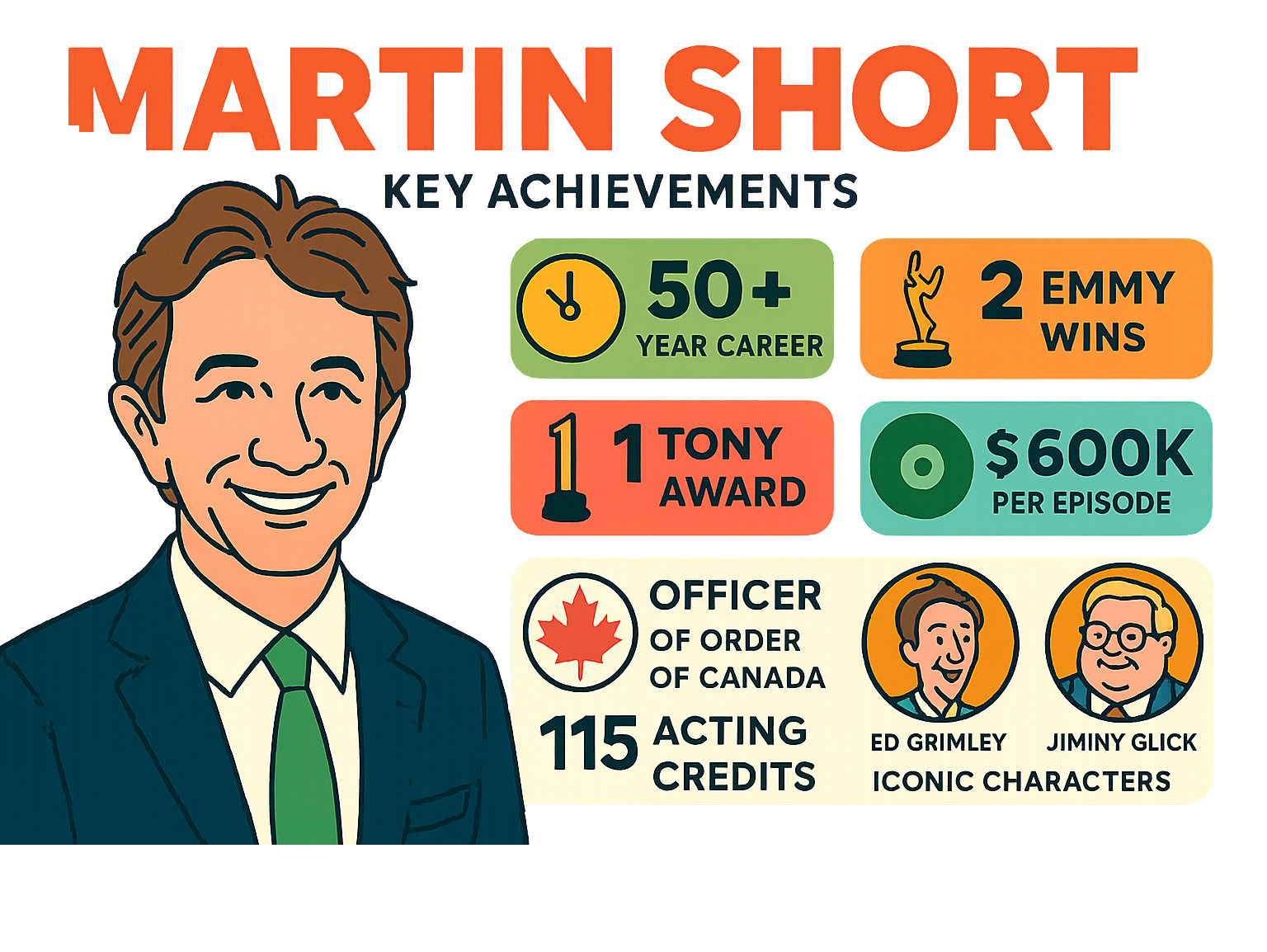 Comprehensive infographic summarizing Martin Short's key achievements: 50+ year career, 2 Emmy wins, 1 Tony Award, $600K per episode current salary, Officer of Order of Canada, 115 acting credits, and iconic characters Ed Grimley and Jiminy Glick - martin short infographic Comprehensive infographic summarizing Martin Short's key achievements: 50+ year career, 2 Emmy wins, 1 Tony Award, $600K per episode current salary, Officer of Order of Canada, 115 acting credits, and iconic characters Ed Grimley and Jiminy Glick - martin short infographic