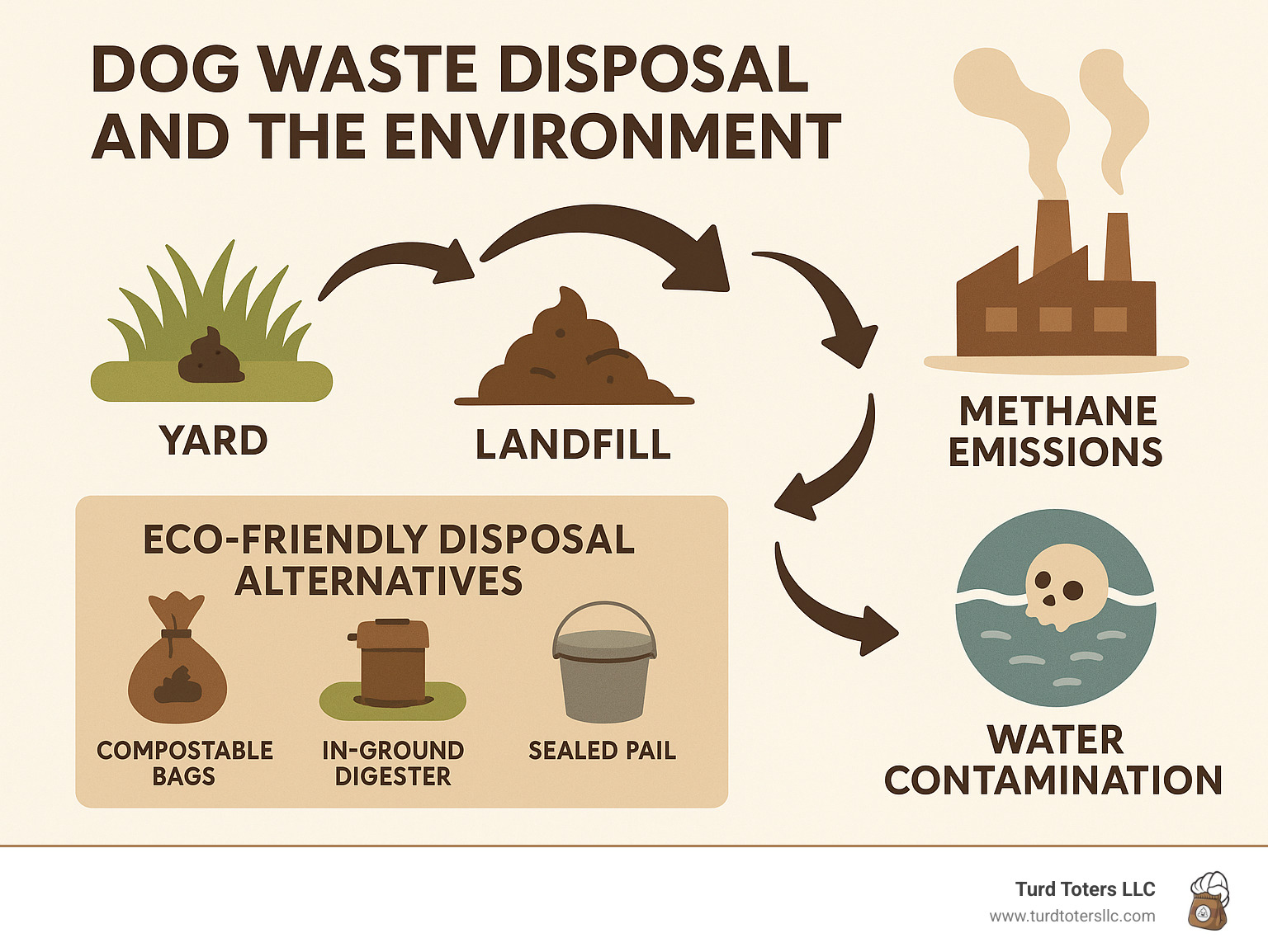 Infographic showing the environmental impact cycle of dog waste from yard to landfill to methane emissions and water contamination, with eco-friendly disposal alternatives highlighted - dog waste disposal infographic 
