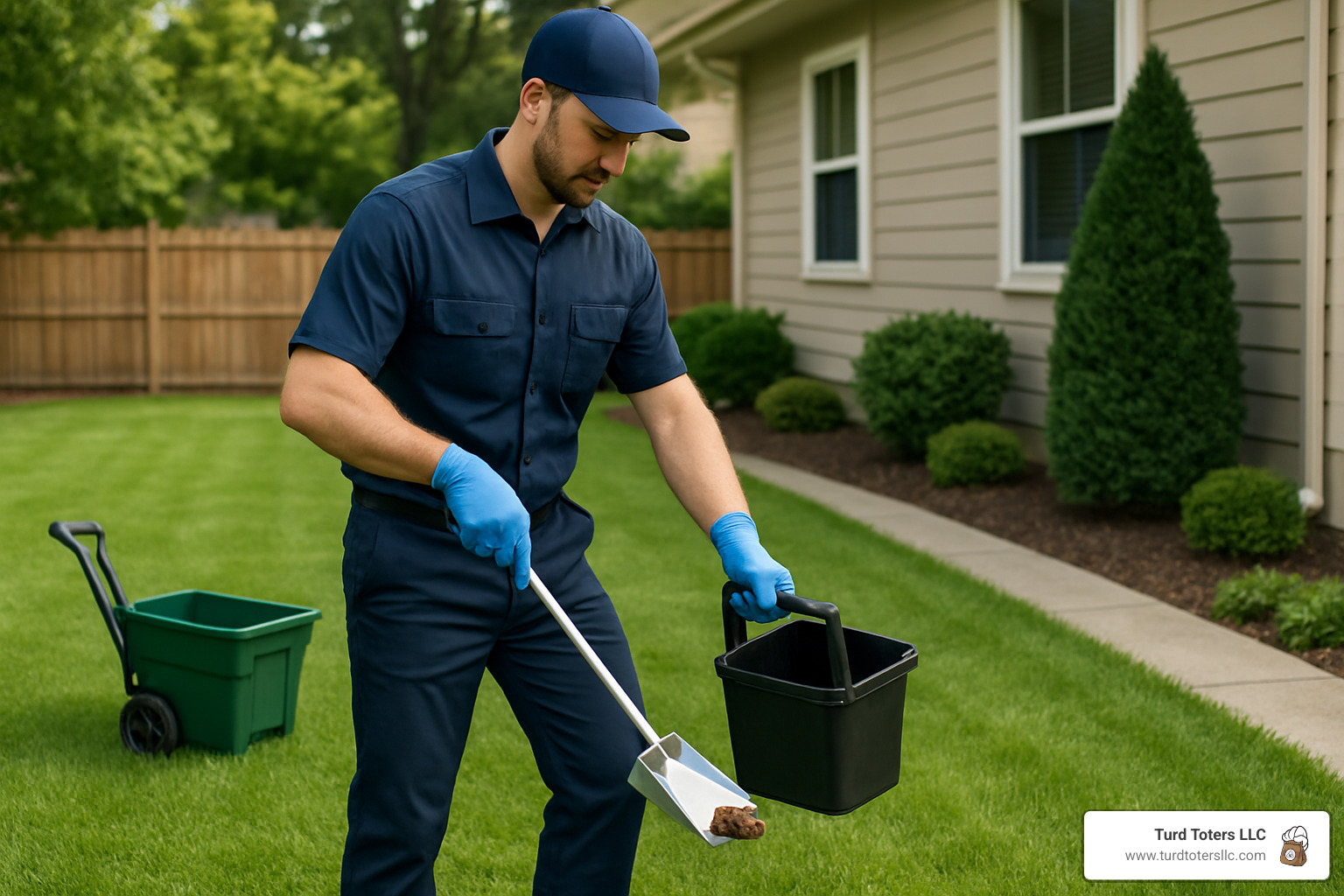Professional technician in uniform cleaning yard with proper equipment - pet waste clean up