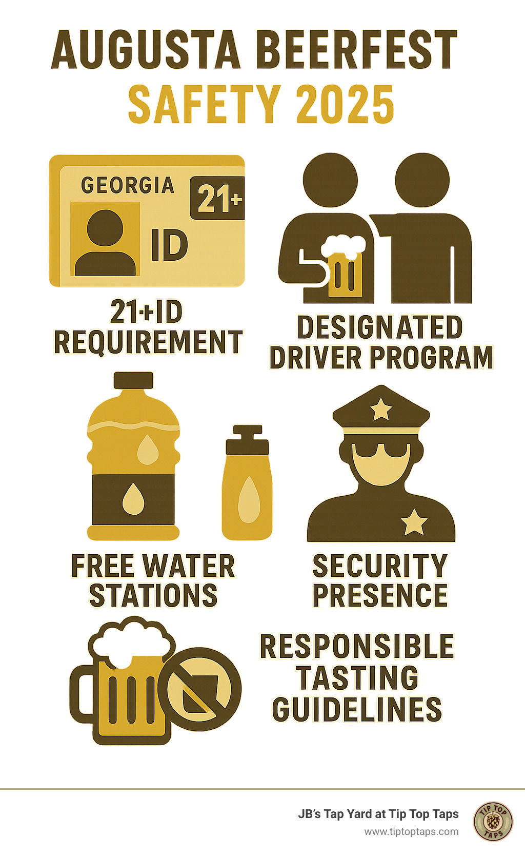 Augusta Beerfest safety infographic showing 21+ ID requirement, designated driver program, free water stations, security presence, and responsible tasting guidelines - augusta beerfest 2025 infographic 