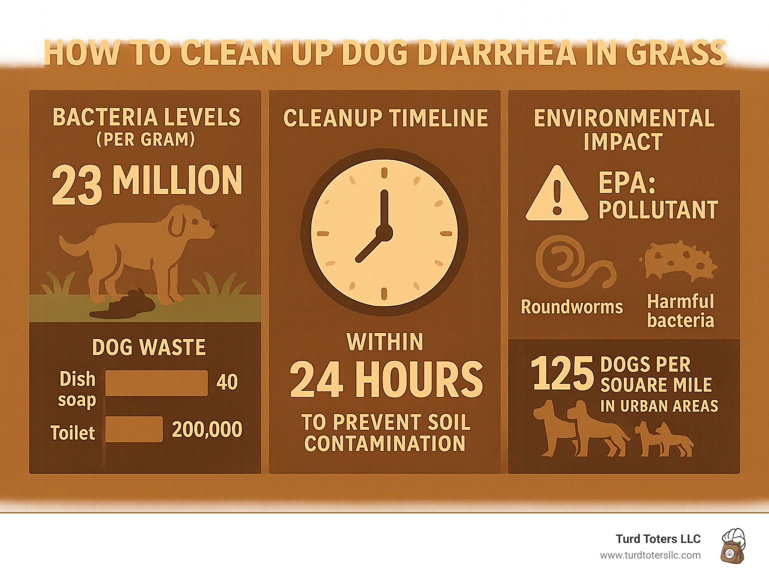 Infographic showing dog waste bacteria levels compared to household contaminants, cleanup timeline for preventing soil contamination, and environmental impact statistics including EPA pollution classification - how to clean up dog diarrhea in grass infographic 