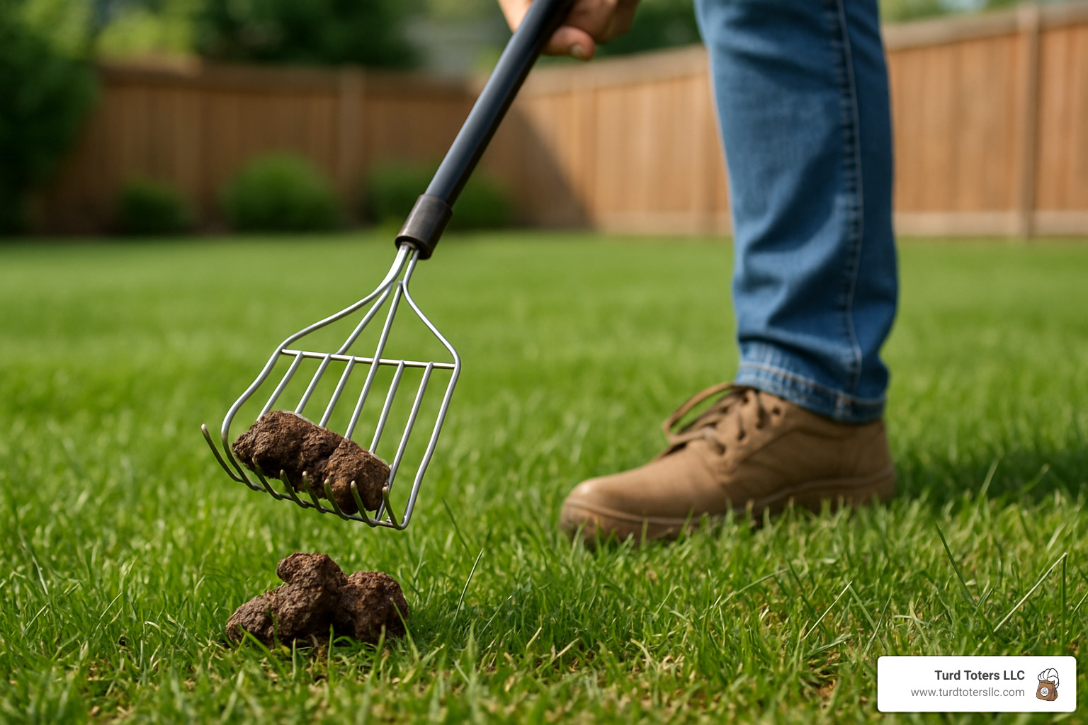 Wire rake scooper being used to collect waste from grass without damaging lawn - best way to remove dog poop from yard