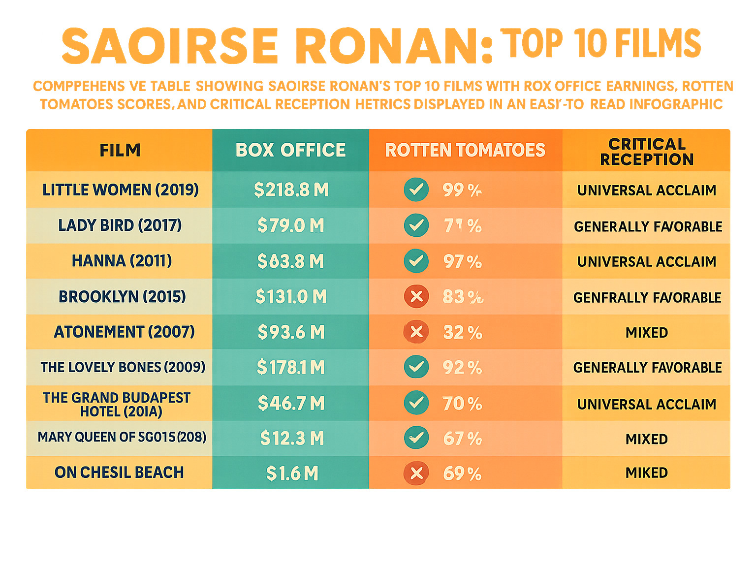 Comprehensive table showing Saoirse Ronan's top 10 films with box office earnings, Rotten Tomatoes scores, and critical reception metrics displayed in an easy-to-read infographic format - saoirse ronan infographic Comprehensive table showing Saoirse Ronan's top 10 films with box office earnings, Rotten Tomatoes scores, and critical reception metrics displayed in an easy-to-read infographic format - saoirse ronan infographic
