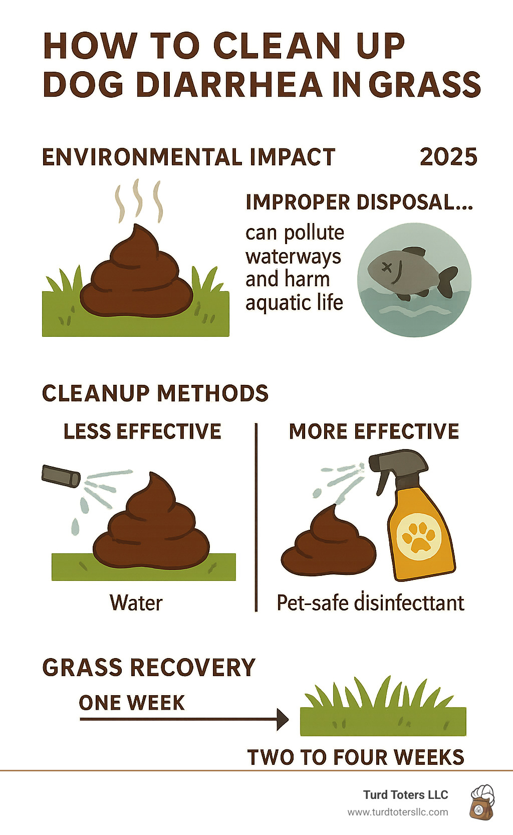 Infographic showing environmental impact of improper waste disposal, comparison of cleanup methods effectiveness, and timeline for grass recovery after proper cleanup - how to clean up dog diarrhea in grass infographic 