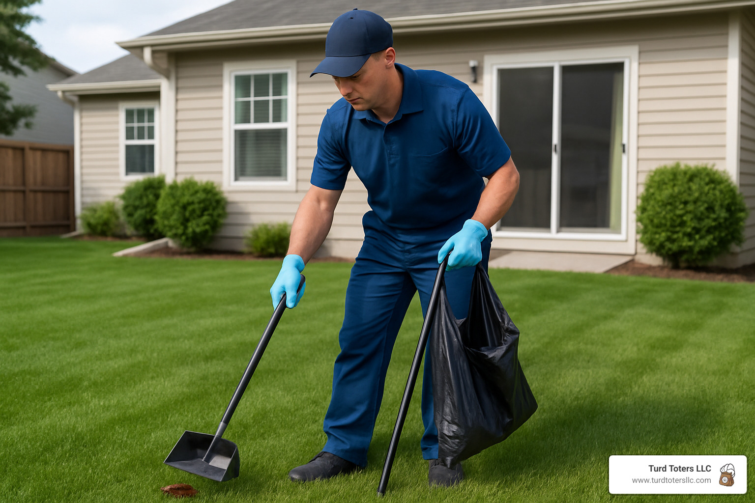 uniformed professional scooper working in backyard - dog feces removal service