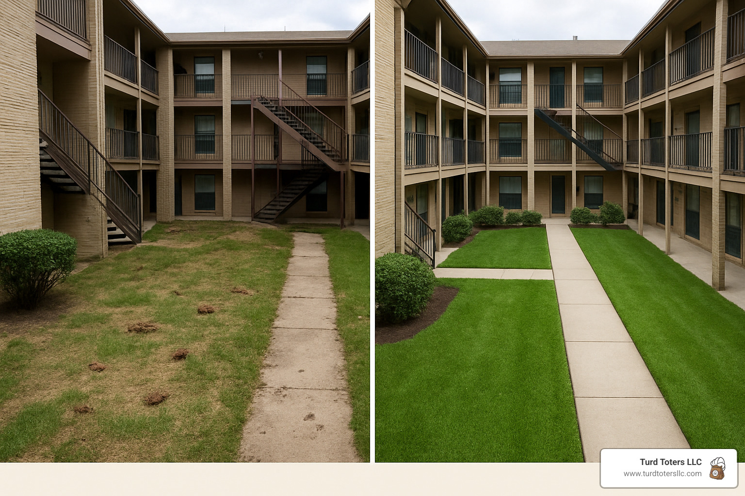 Multi-family courtyard change showing before and after professional pet waste cleanup - commercial pet waste cleanup