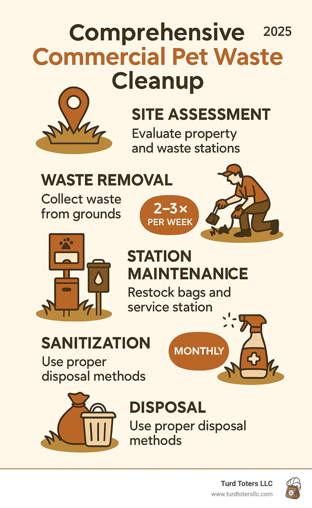 Comprehensive commercial pet waste cleanup process showing site assessment, waste removal, station maintenance, sanitization, and disposal methods with frequency recommendations - commercial pet waste cleanup infographic 