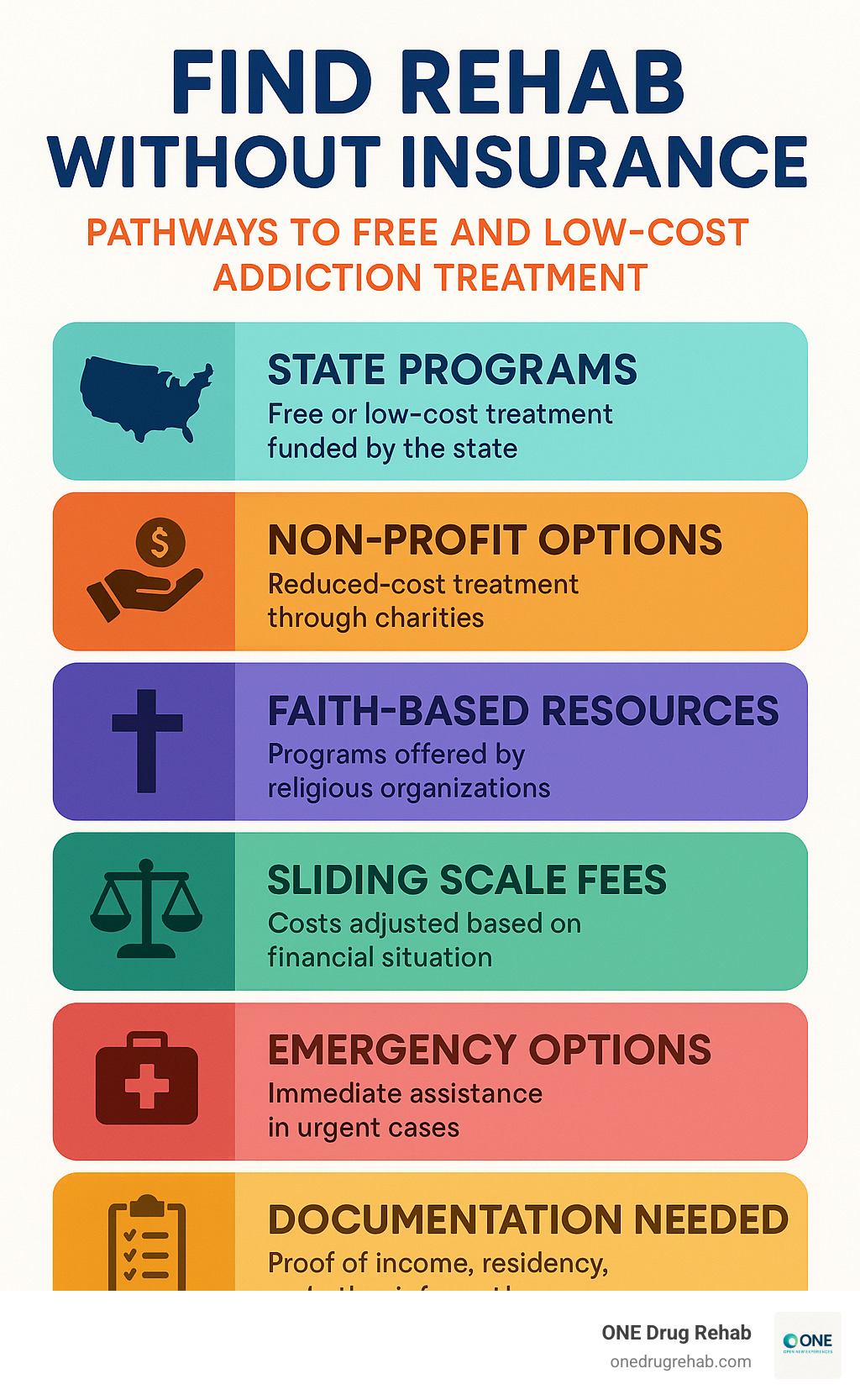 Comprehensive guide showing pathways to free and low-cost addiction treatment including state programs, non-profit options, faith-based resources, sliding scale fees, emergency options, and required documentation for uninsured individuals - find rehab without insurance infographic 