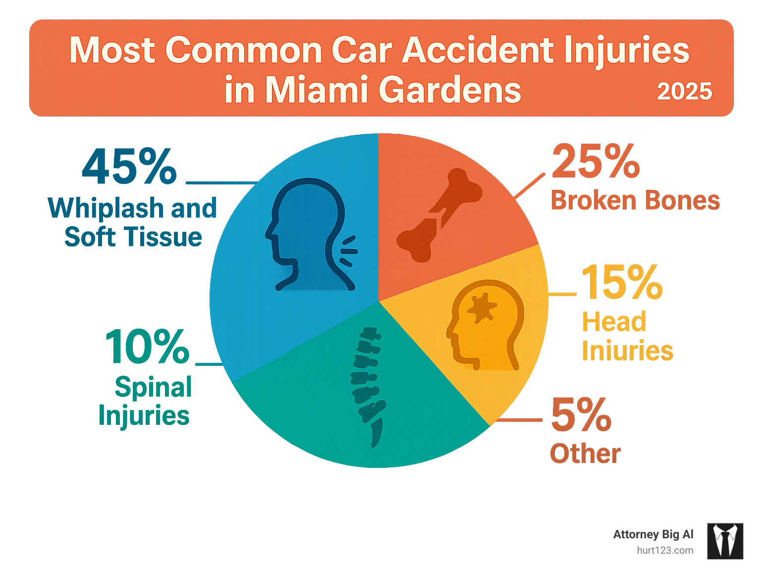 Statistical breakdown showing the most common car accident injuries in Miami Gardens with percentages: whiplash and soft tissue 45%, broken bones 25%, head injuries 15%, spinal injuries 10%, other 5% - miami gardens car accident lawyer infographic 