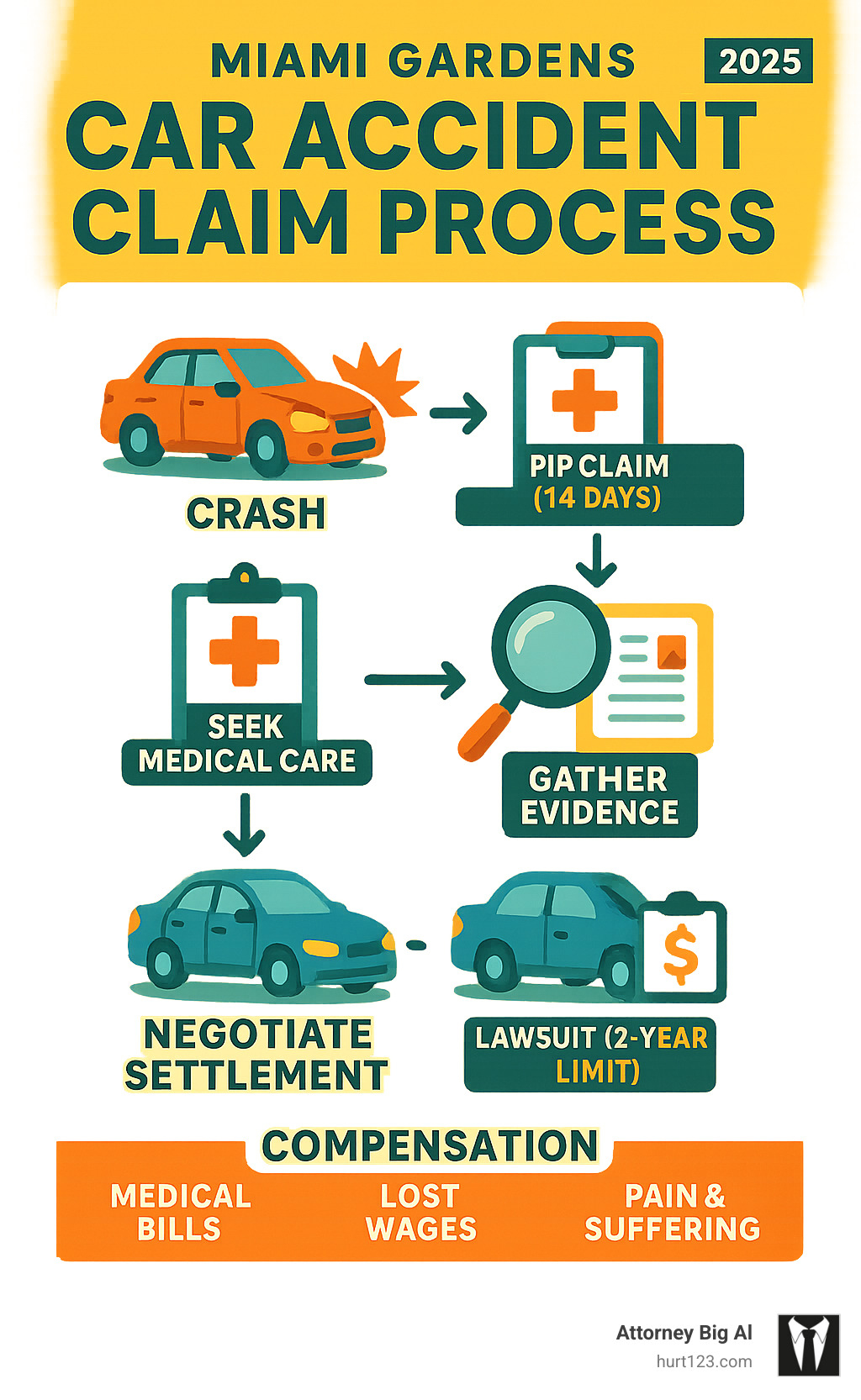 Infographic showing the complete Miami Gardens car accident claim process from crash scene documentation through PIP filing, evidence collection, insurance negotiations, and potential lawsuit filing with key deadlines and compensation types clearly marked - miami gardens car accident lawyer infographic 