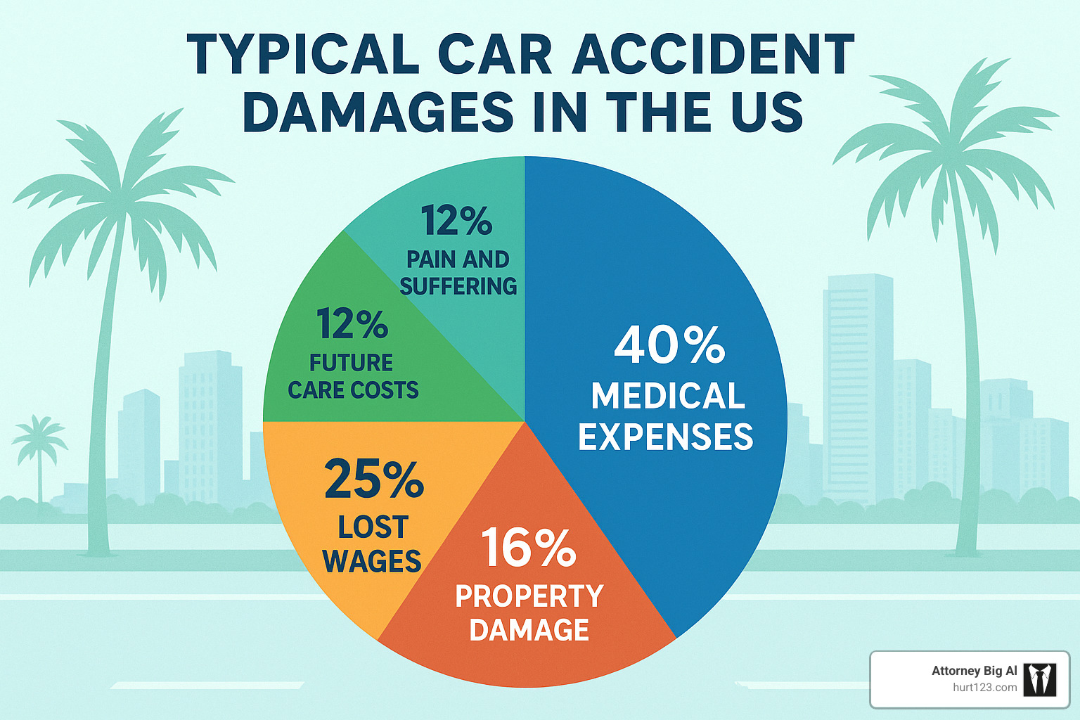 Comprehensive breakdown of car accident damages showing medical expenses, lost wages, property damage, pain and suffering, and future care costs with typical percentage allocations - miami gardens car accident lawyer