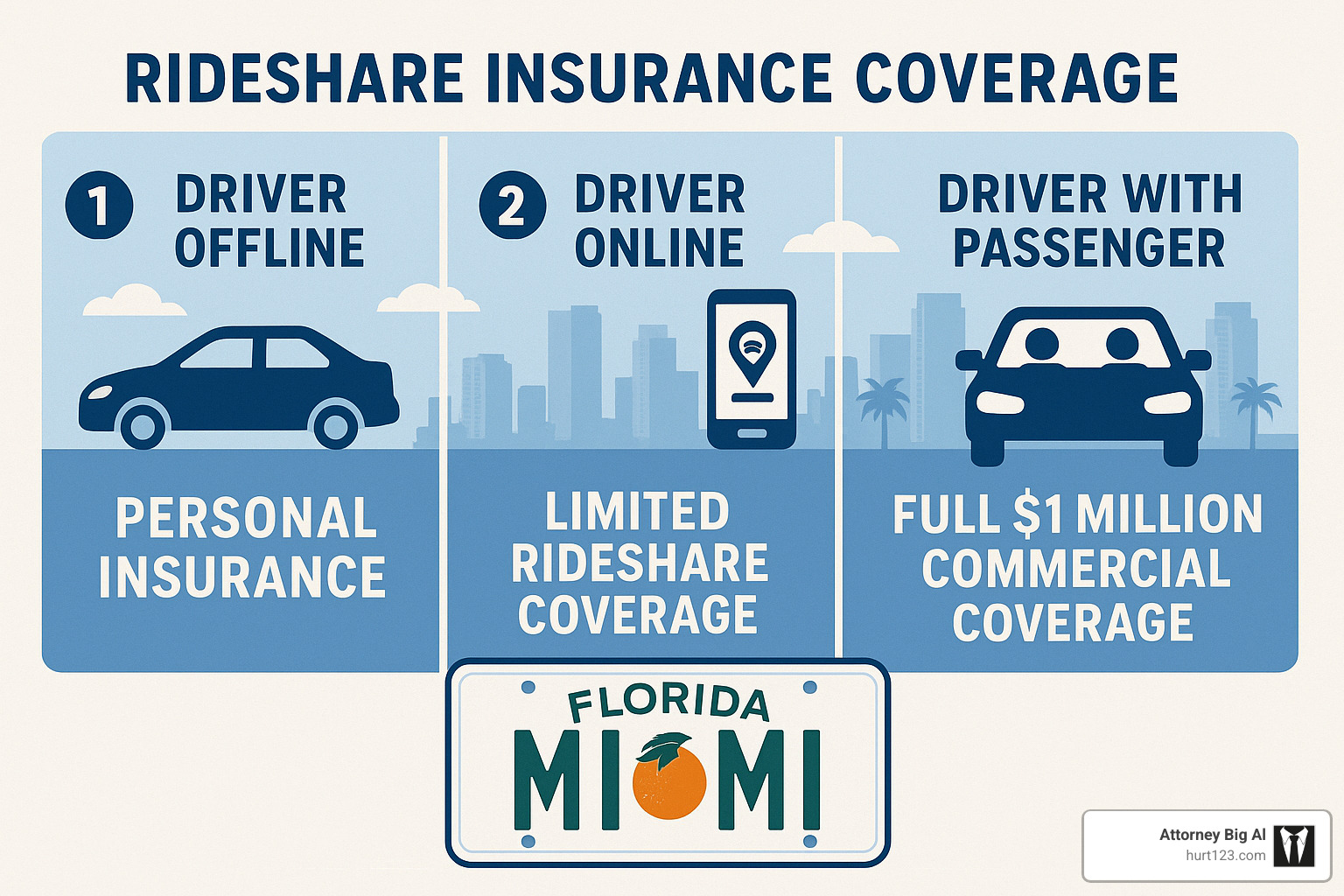 Rideshare insurance coverage tiers showing different protection levels based on driver status from personal insurance when offline to full commercial coverage during rides - miami gardens car accident lawyer
