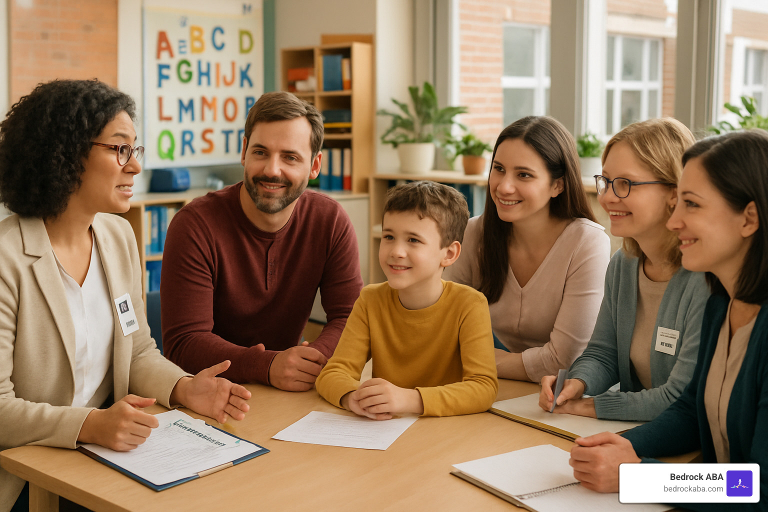 Collaborative team approach showing ABA therapist, family, school, and other providers working together - aba therapy for aggression