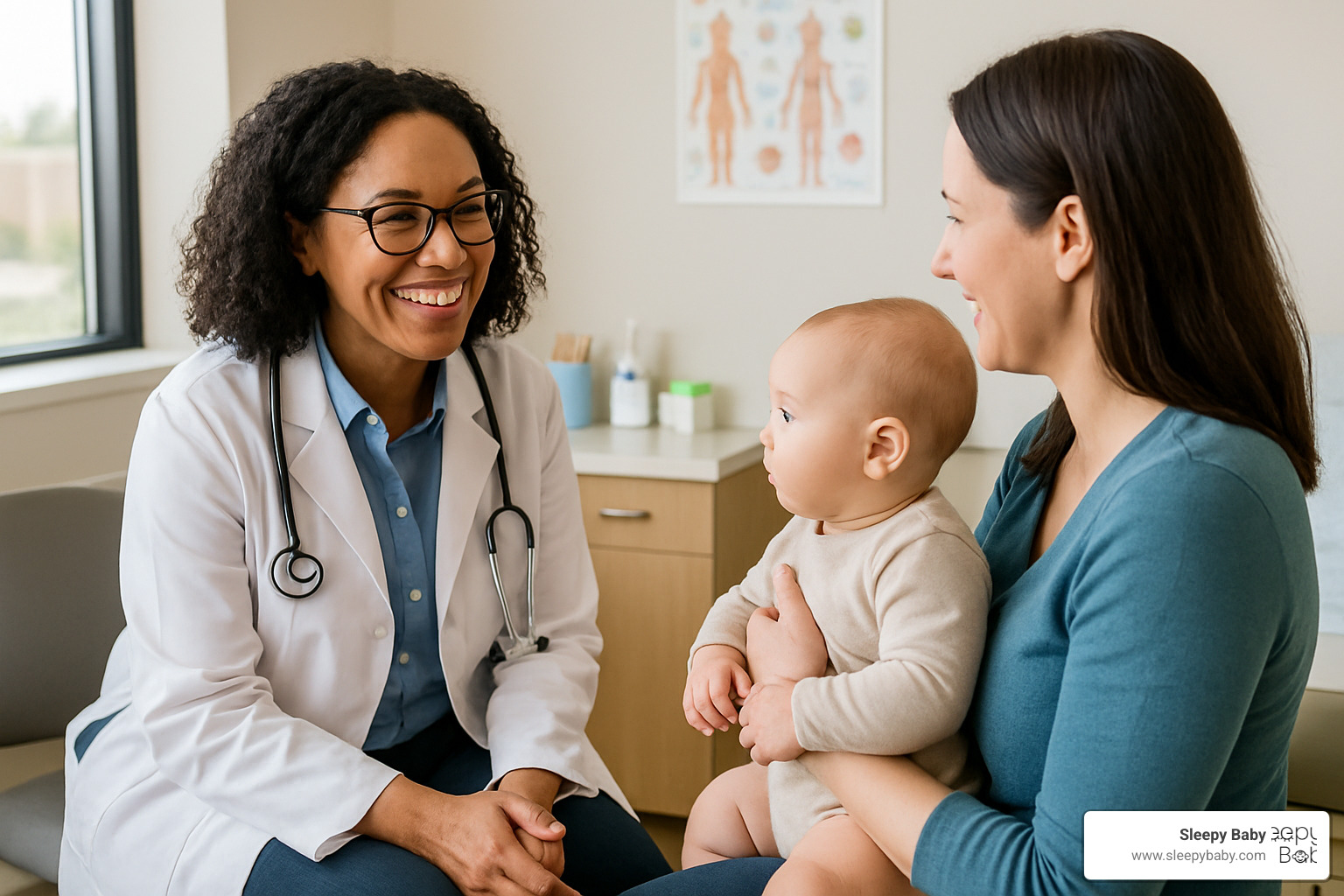 Reassuring pediatrician visit with parent holding baby - baby cries at bedtime