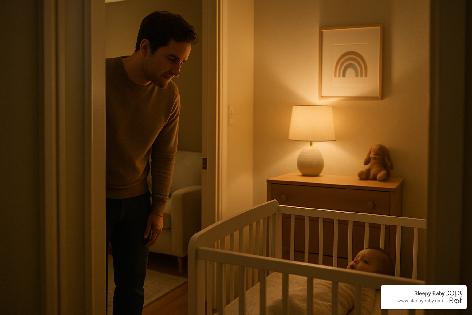 Parent doing a gentle doorway check-in with baby in crib - baby cries at bedtime