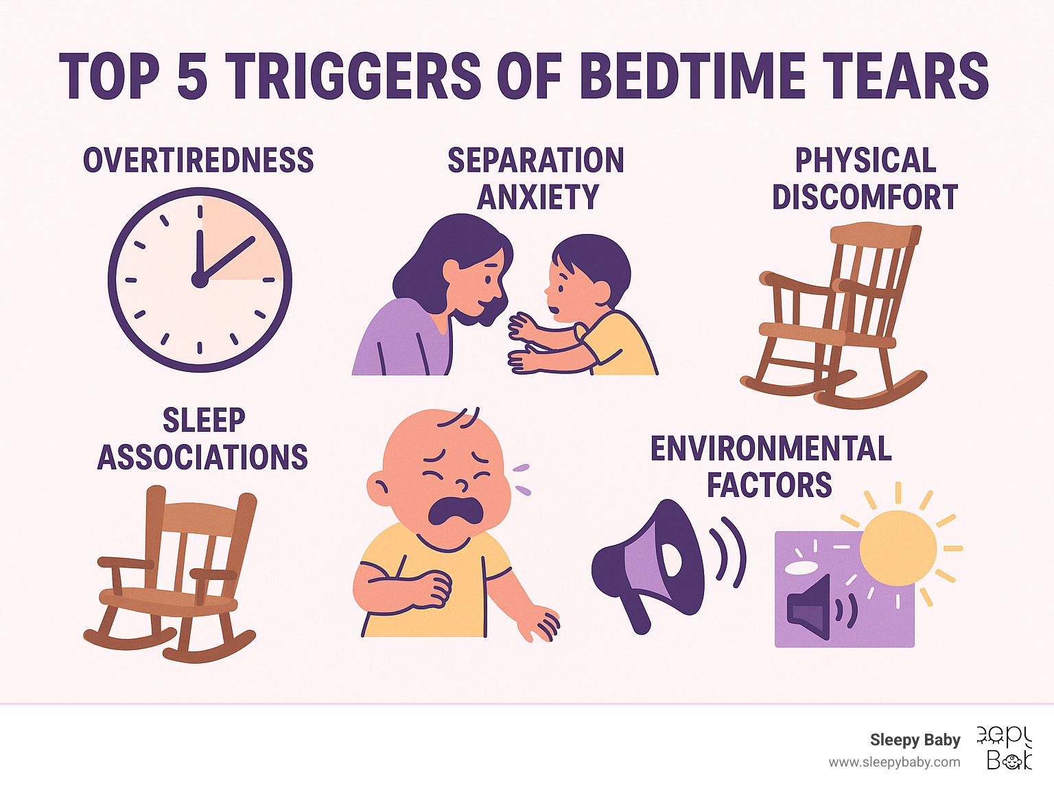 Infographic showing the top 5 triggers of bedtime tears: overtiredness with clock showing missed sleep window, separation anxiety with baby reaching for parent, sleep associations with rocking chair, physical discomfort with crying baby, and environmental factors with bright noisy room - baby cries at bedtime infographic 