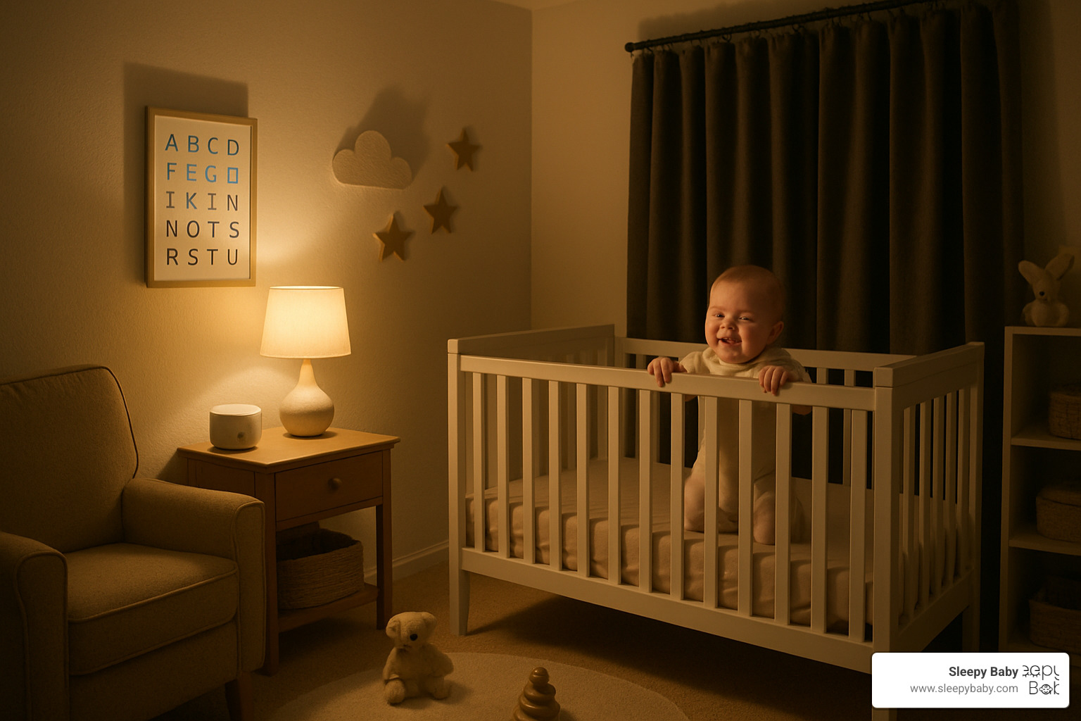Ideal nursery setup with blackout curtains, comfortable temperature, white noise machine, and minimal visual distractions - baby cries at bedtime