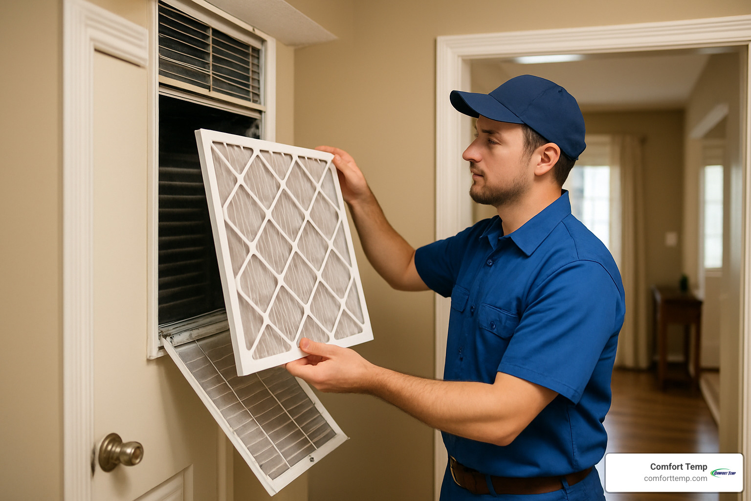 HVAC technician replacing air filter during routine maintenance visit - ac repair near me 24 7