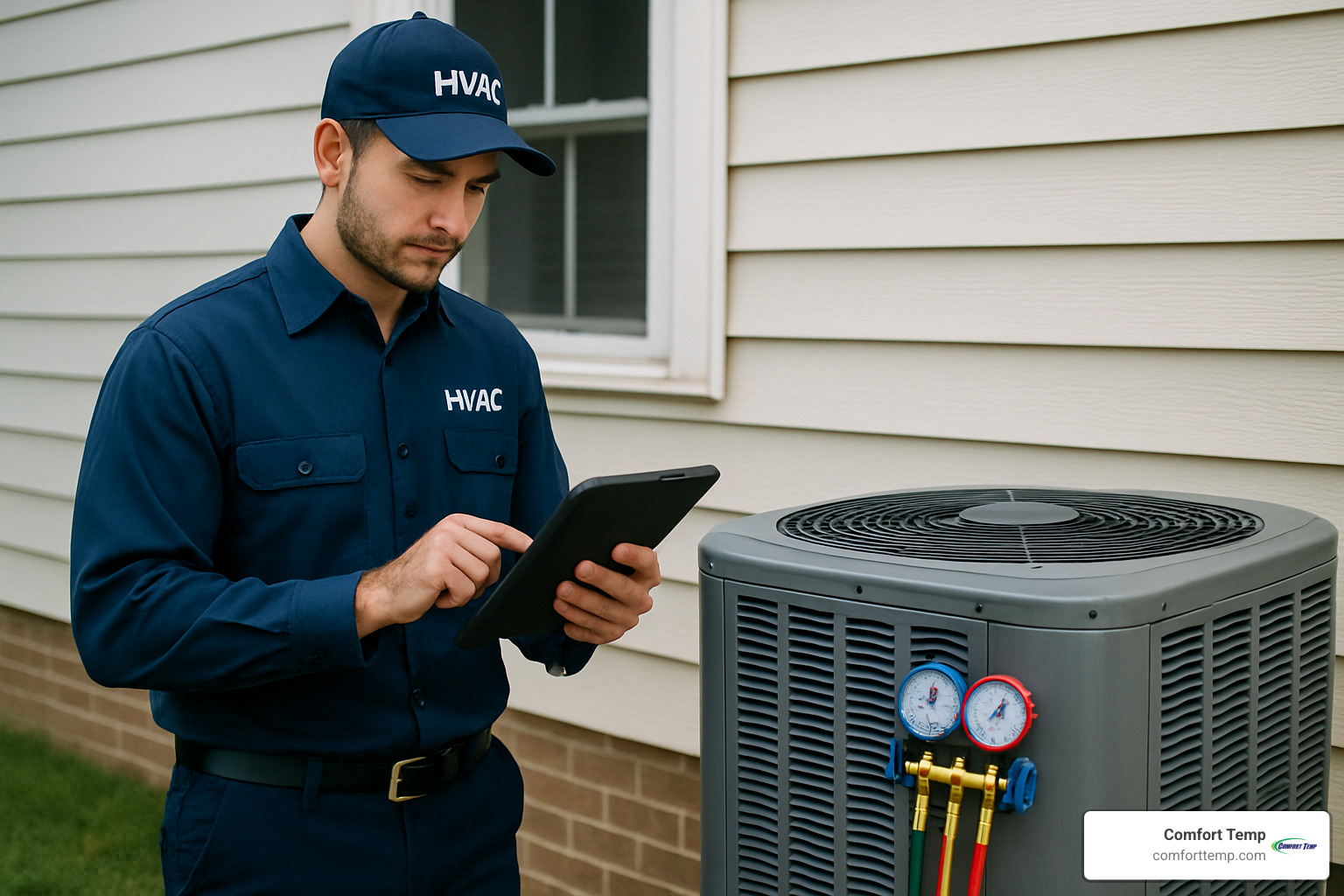 Professional HVAC technician using diagnostic tablet to assess AC system - ac repair near me 24 7