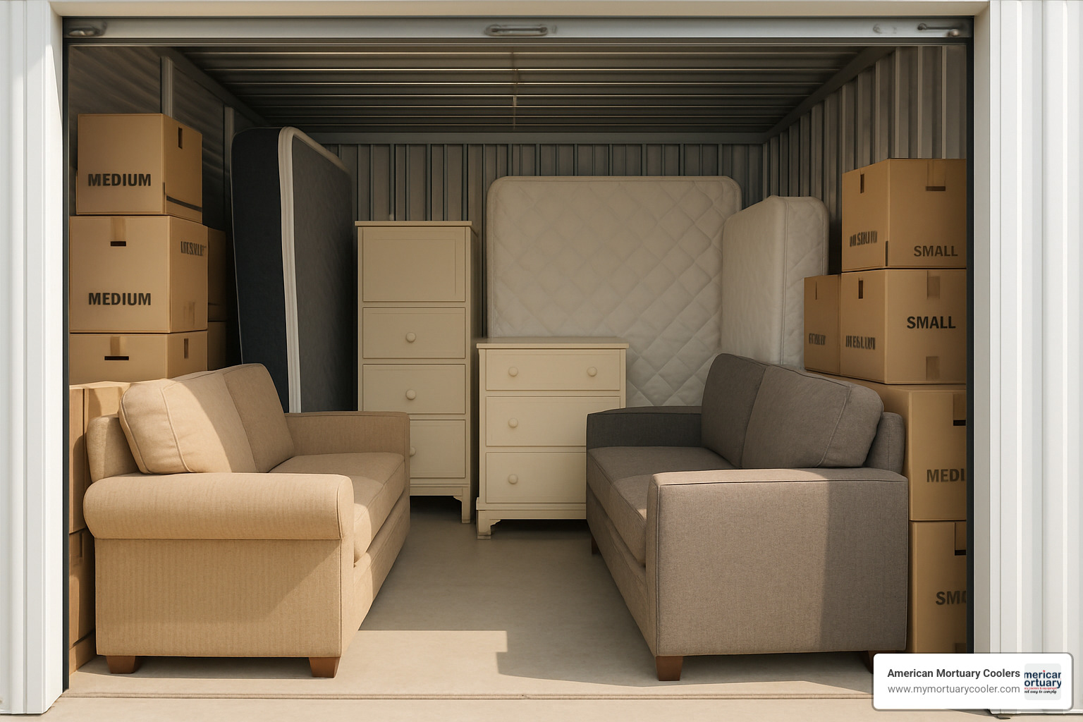 Storage unit packed with furniture and boxes showing efficient organization - 10x15