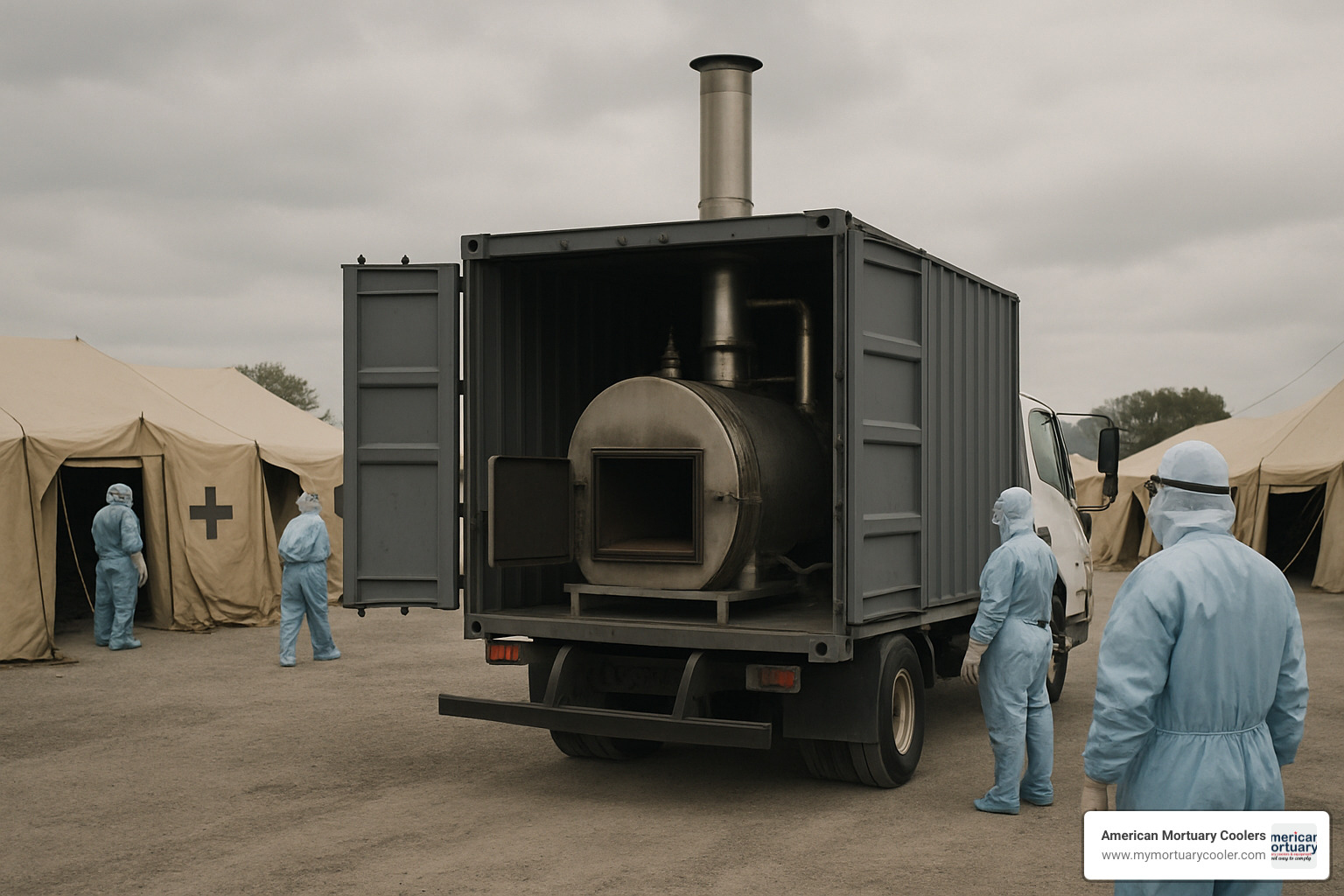 Mobile cremation unit being deployed at a field hospital during an emergency response scenario - mobile cremation machine