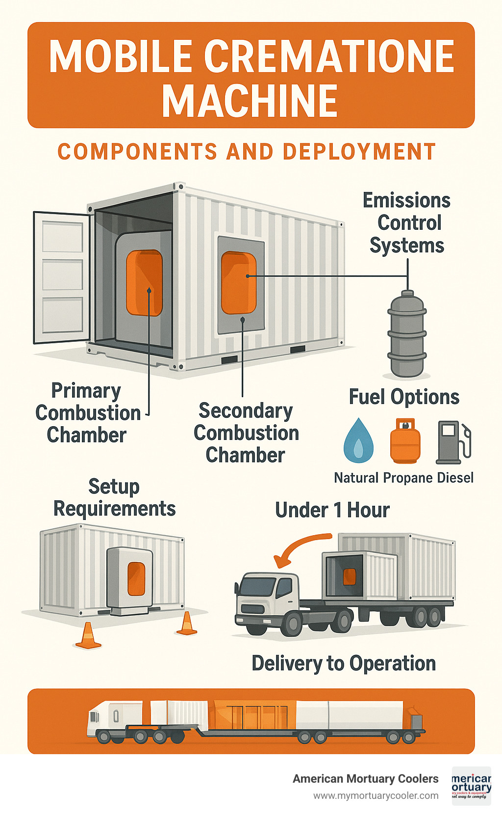 Comprehensive breakdown showing mobile cremation machine components including containerized housing, primary and secondary combustion chambers, emissions control systems, fuel options, setup requirements, and deployment timeline from delivery to full operation - mobile cremation machine infographic 