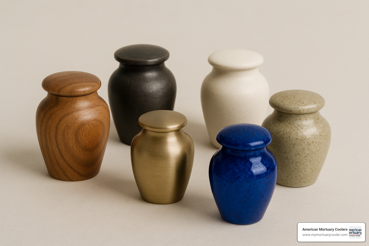 Various tiny urn materials including wood, metal, ceramic, and glass options displayed on a neutral background - tiny urns for ashes