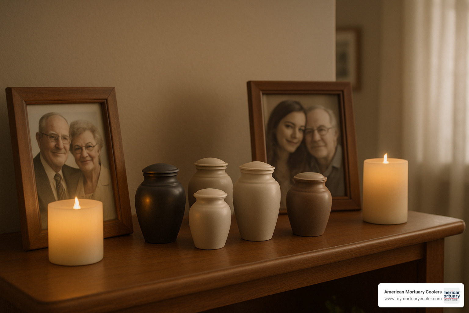 Peaceful home display showing tiny urns arranged on a memorial shelf with photos and candles - tiny urns for ashes