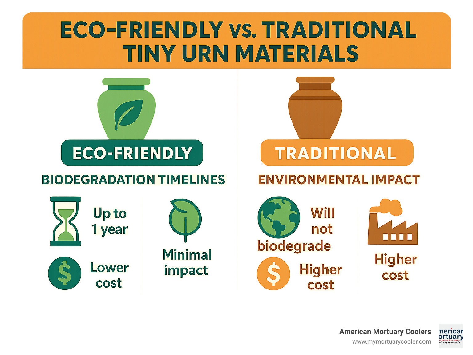 Infographic comparing eco-friendly vs traditional tiny urn materials, showing biodegradation timelines, environmental impact, and cost differences - tiny urns for ashes infographic 