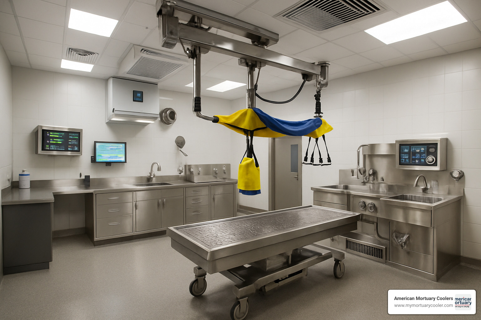 State-of-the-art preparation room featuring automated lifting systems, advanced ventilation controls, digital monitoring equipment, and ergonomic workstations - embalming-room-