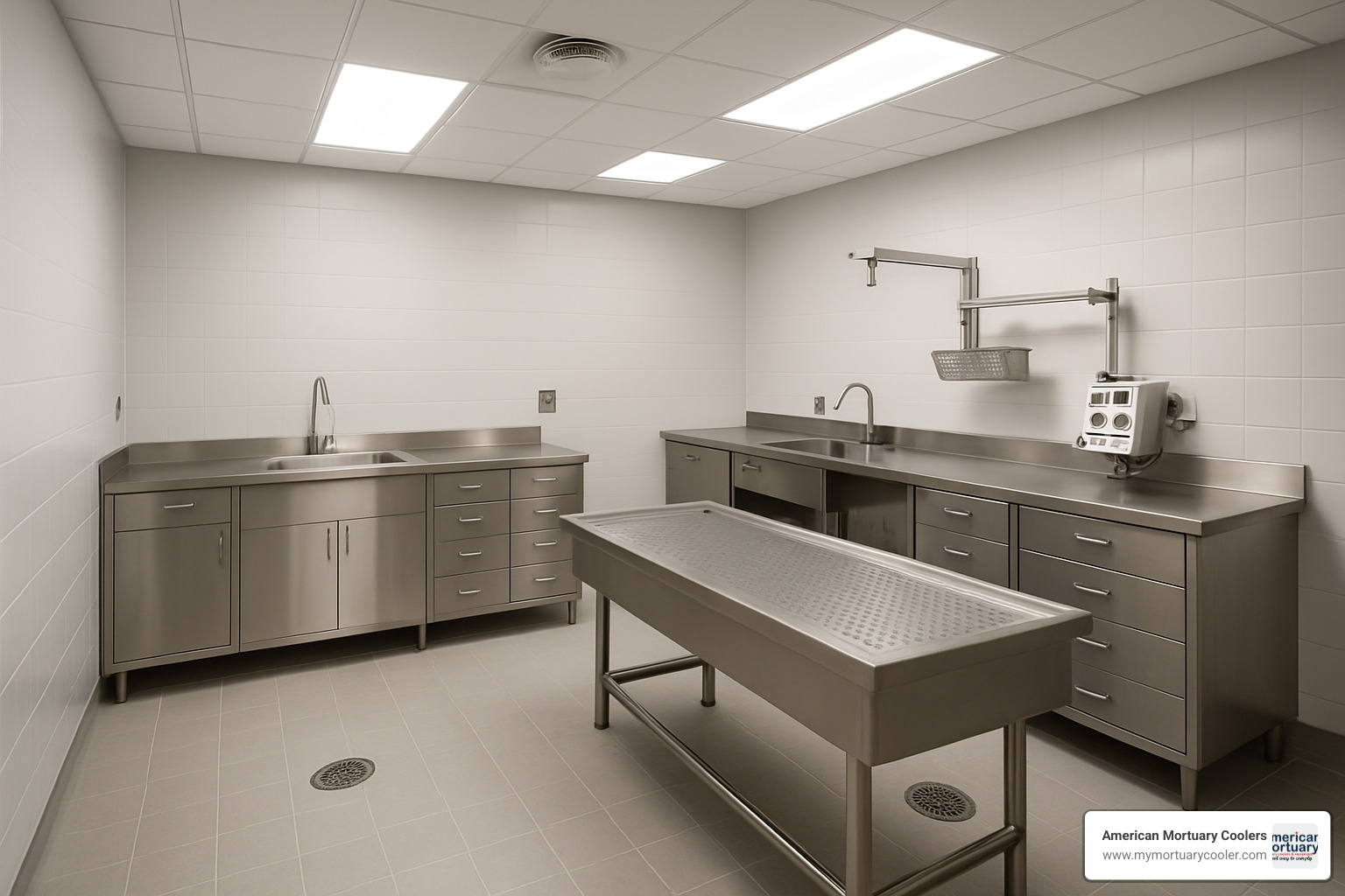 Modern stainless steel embalming workstations with integrated sinks, storage, and equipment mounts - embalming-room-