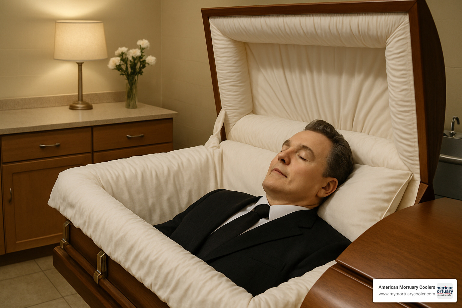 Peaceful final presentation showing professional cosmetic application, natural hair styling, and dignified positioning in preparation for family viewing - embalming-room-