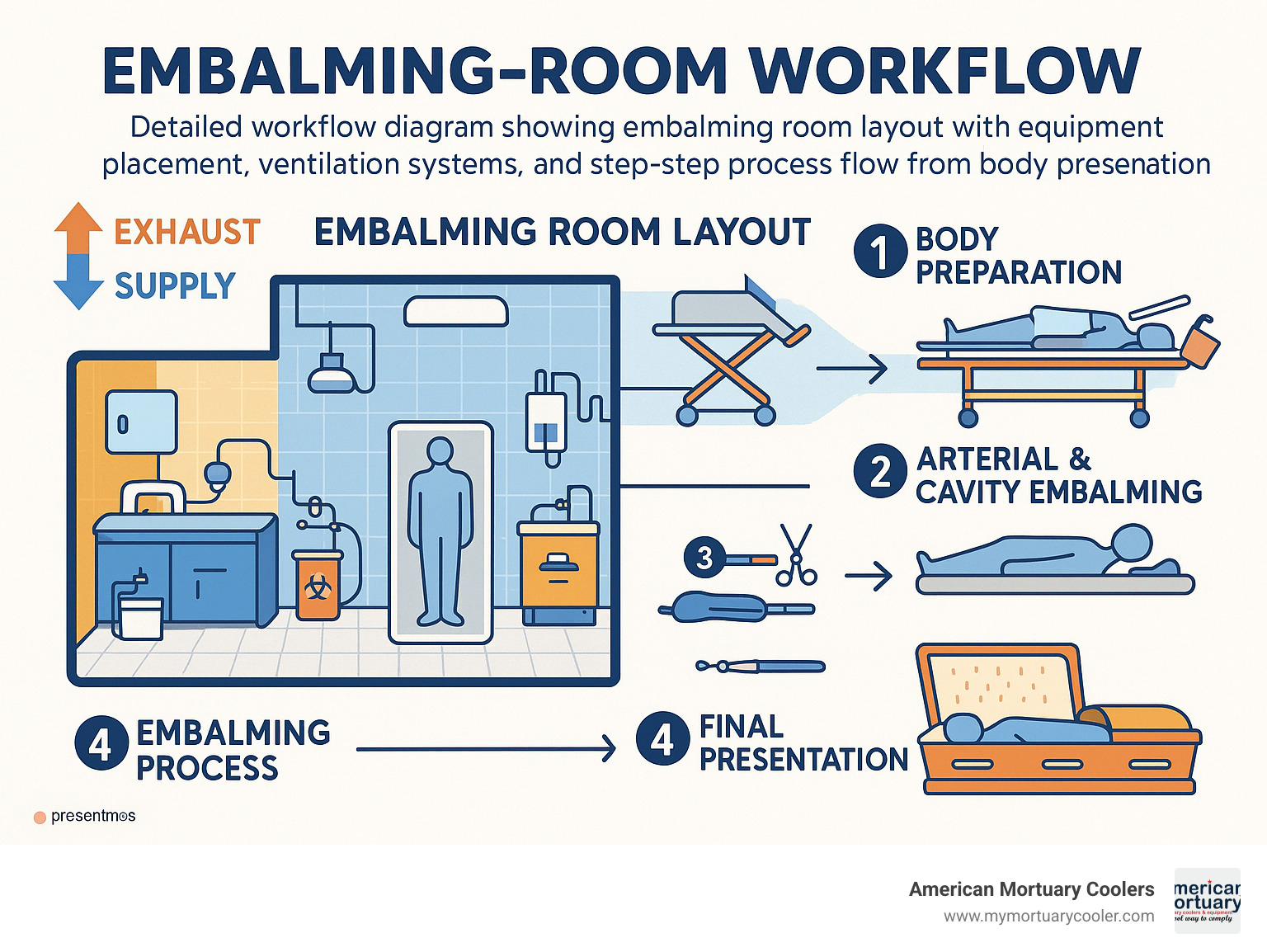 Detailed workflow diagram showing embalming room layout with equipment placement, ventilation systems, and step-by-step process flow from body preparation through final presentation - embalming-room- infographic 