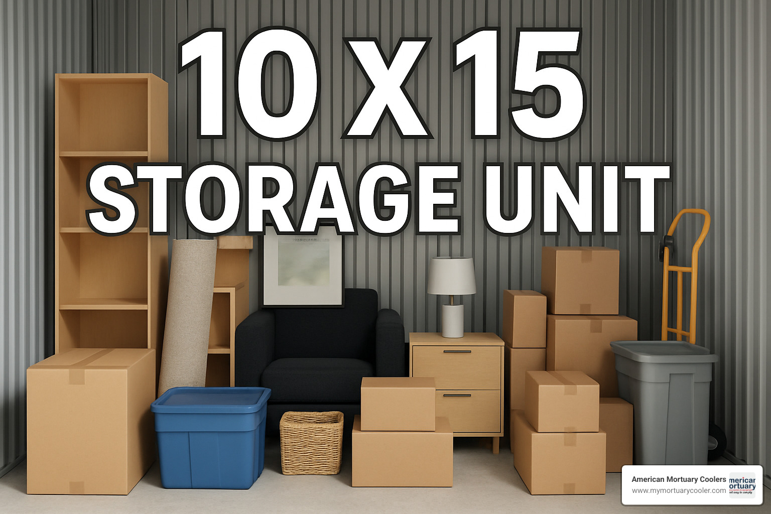 Organized storage unit with stacked furniture and labeled boxes - 10 x 15 storage unit