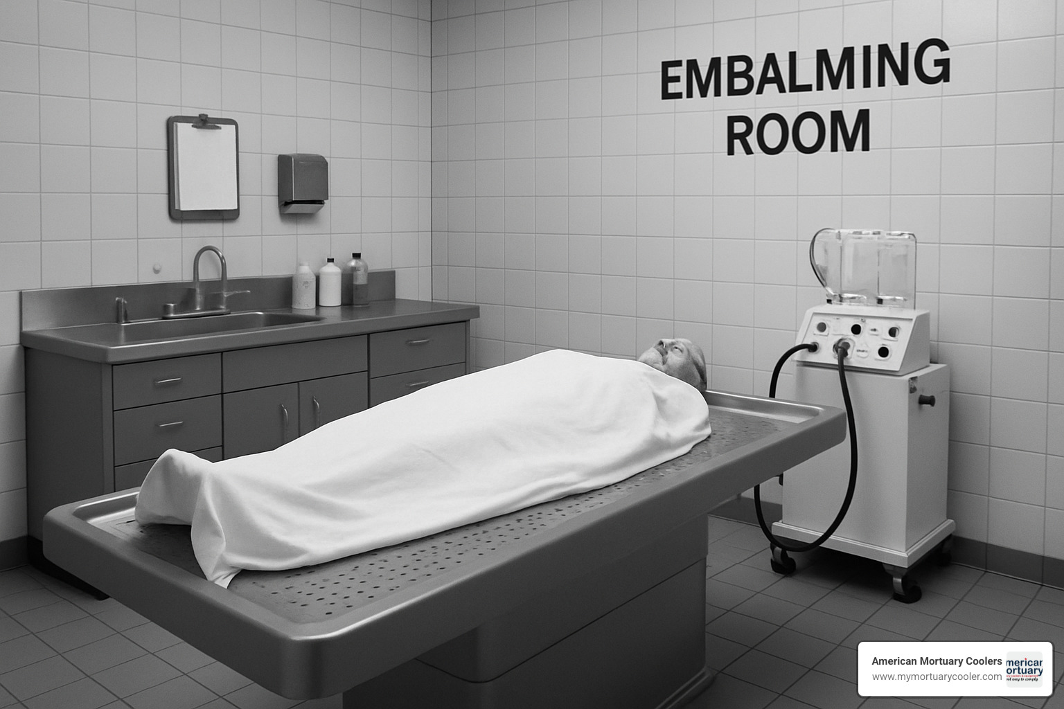 Complete PPE setup display showing proper arrangement of gloves, gowns, eyewear, and respiratory protection with safety signage - embalming-room-