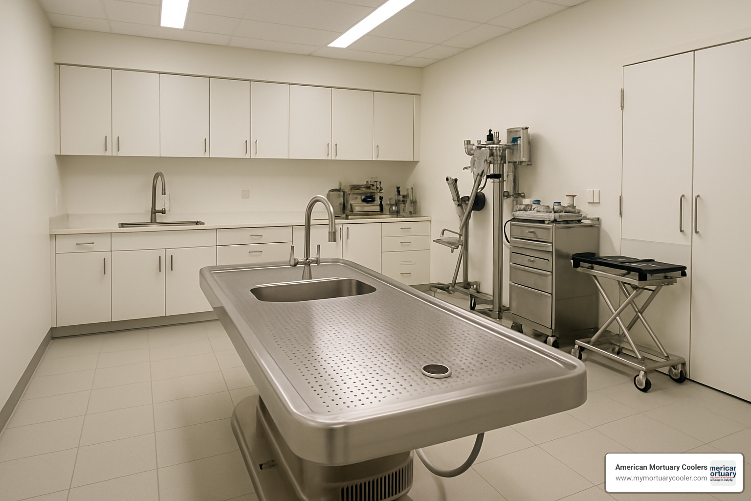 stainless steel embalming table in modern prep room - affordable-funeral-supply.company