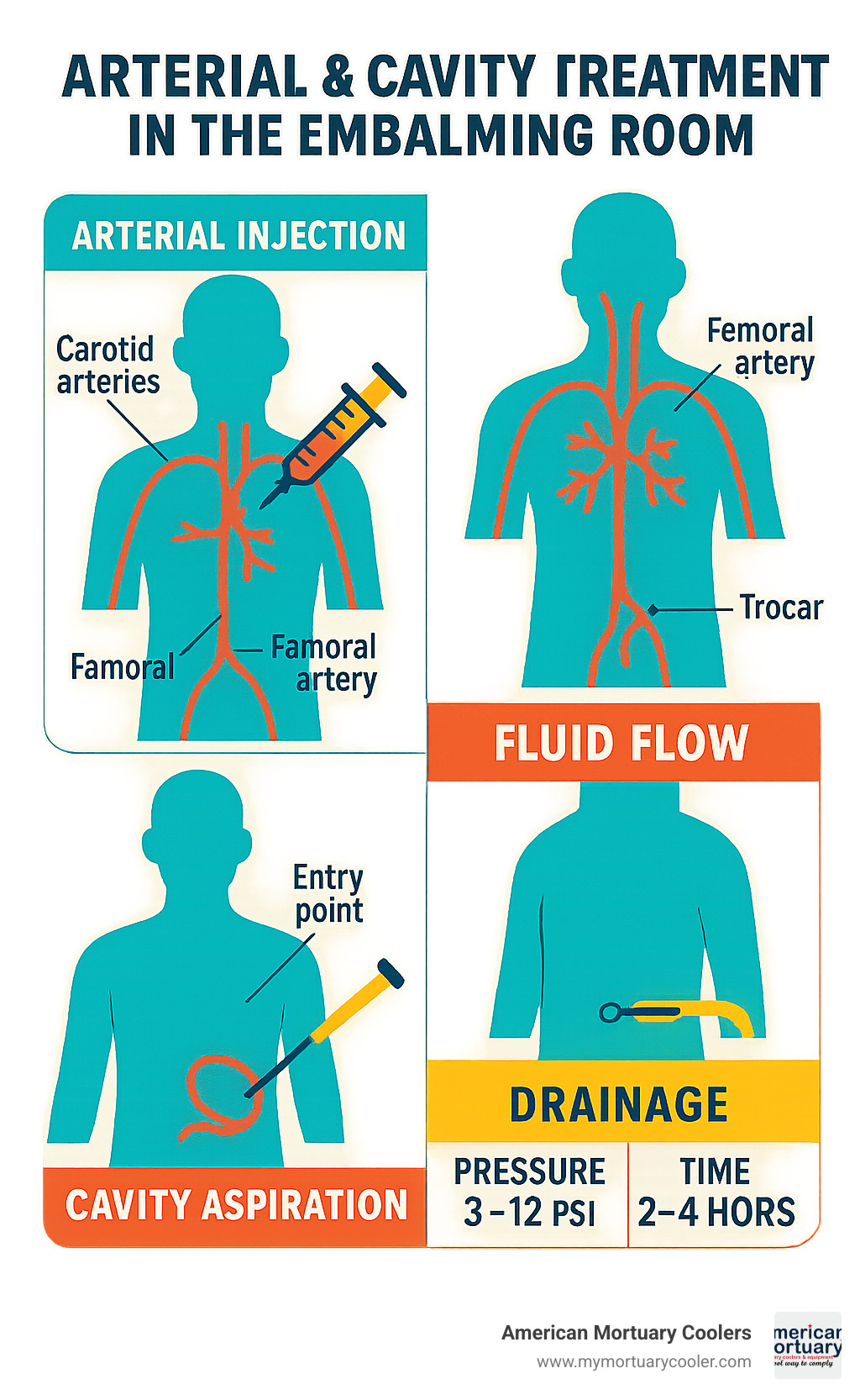 Detailed infographic showing arterial injection points, fluid flow patterns, cavity aspiration locations, and drainage pathways with pressure and timing specifications - embalming-room- infographic 